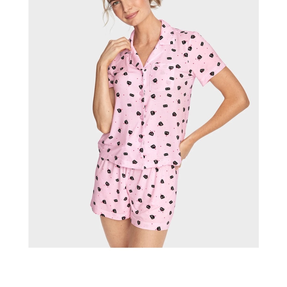 Short Sleeve Button-Front Pink Printed Pajama Set